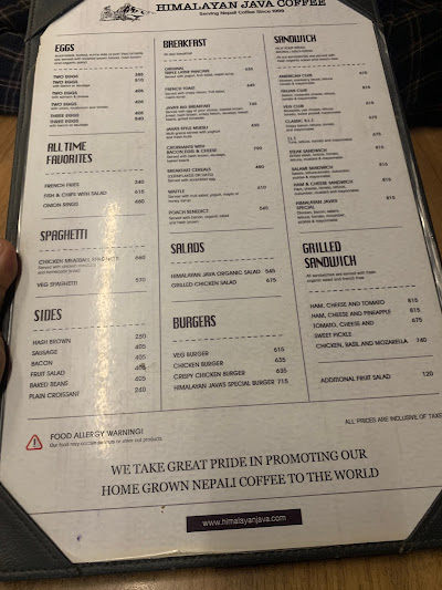 Himalayan Java Coffee, Battisputali menu 1